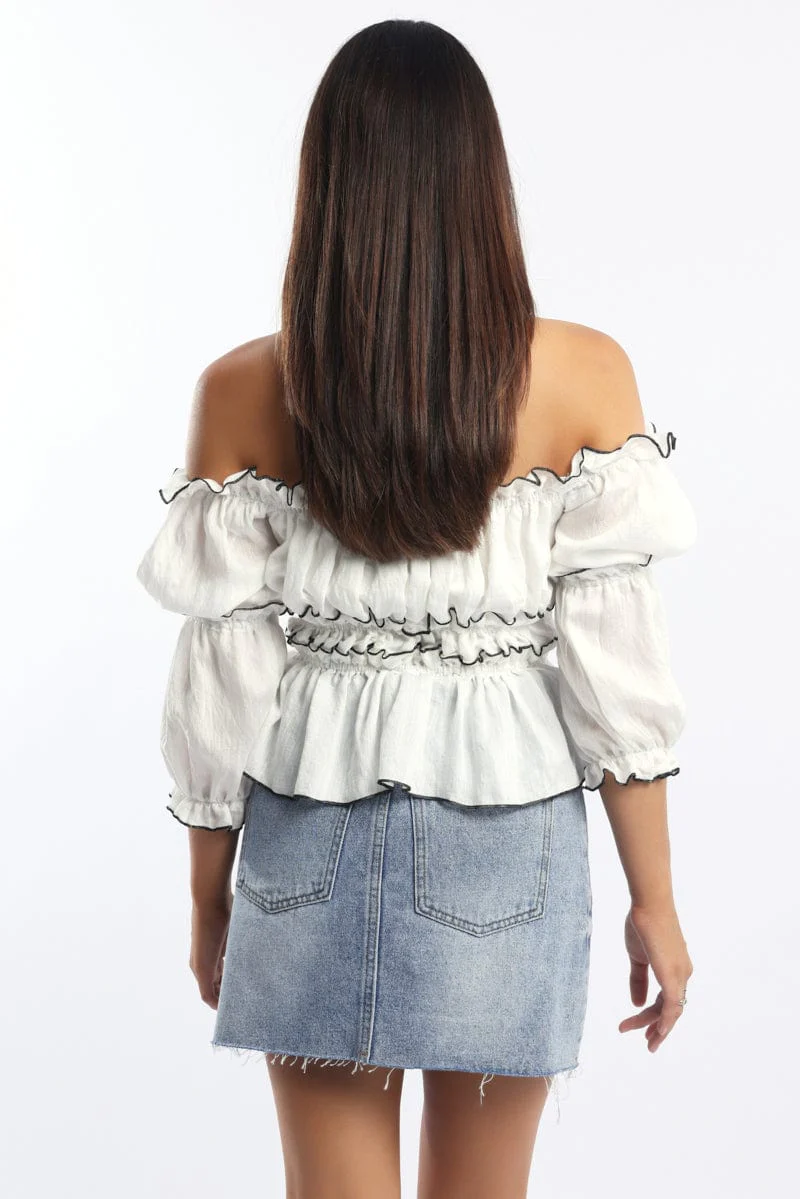White Off Shoulder Top Mid Sleeve Gathered Detail - Image 4