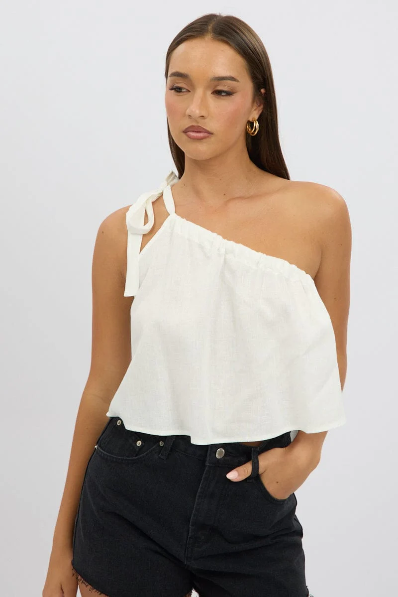 White One Shoulder Top Linen Blend - Image 3