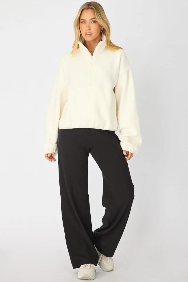 White Oversized Fit Long Sleeve Fleece Sweater - Image 2