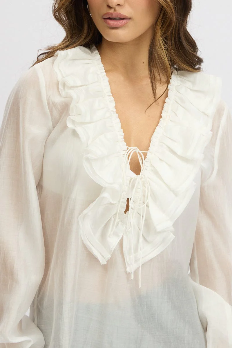 White Poet's Top V Neck Long Sleeve Frilled - Image 6