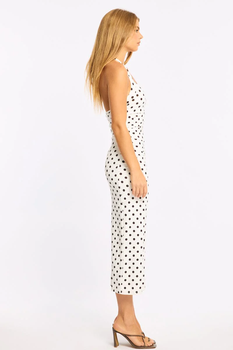 White Polka Dot Bodycon Dress Halter Neck - Image 3
