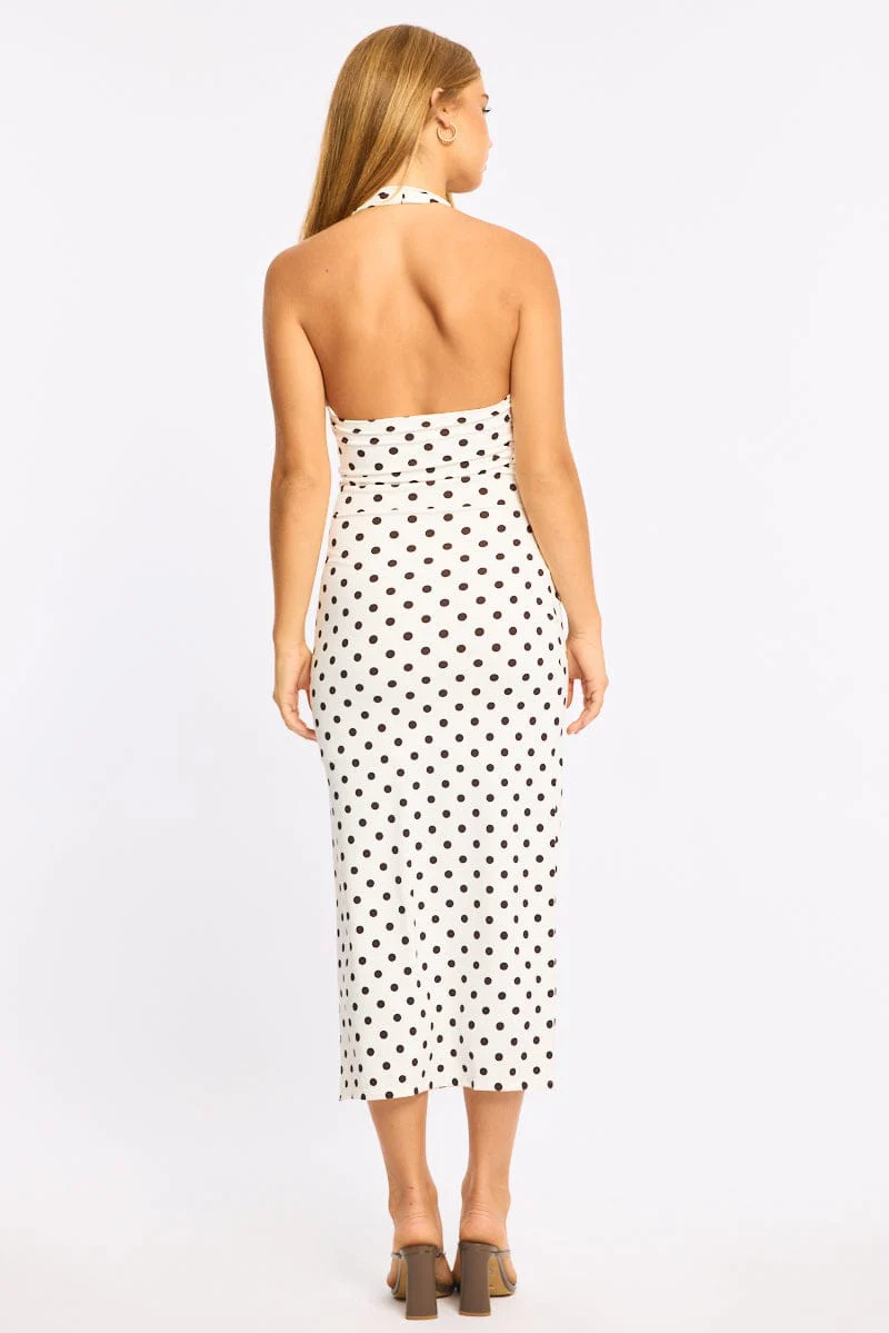 White Polka Dot Bodycon Dress Halter Neck - Image 4