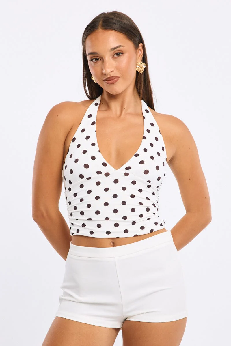White Polka Dot Halter Neck Top