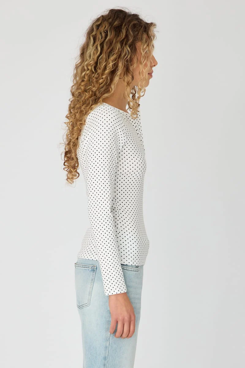 White Polka Dot Long Sleeve Henley Shirt - Image 5