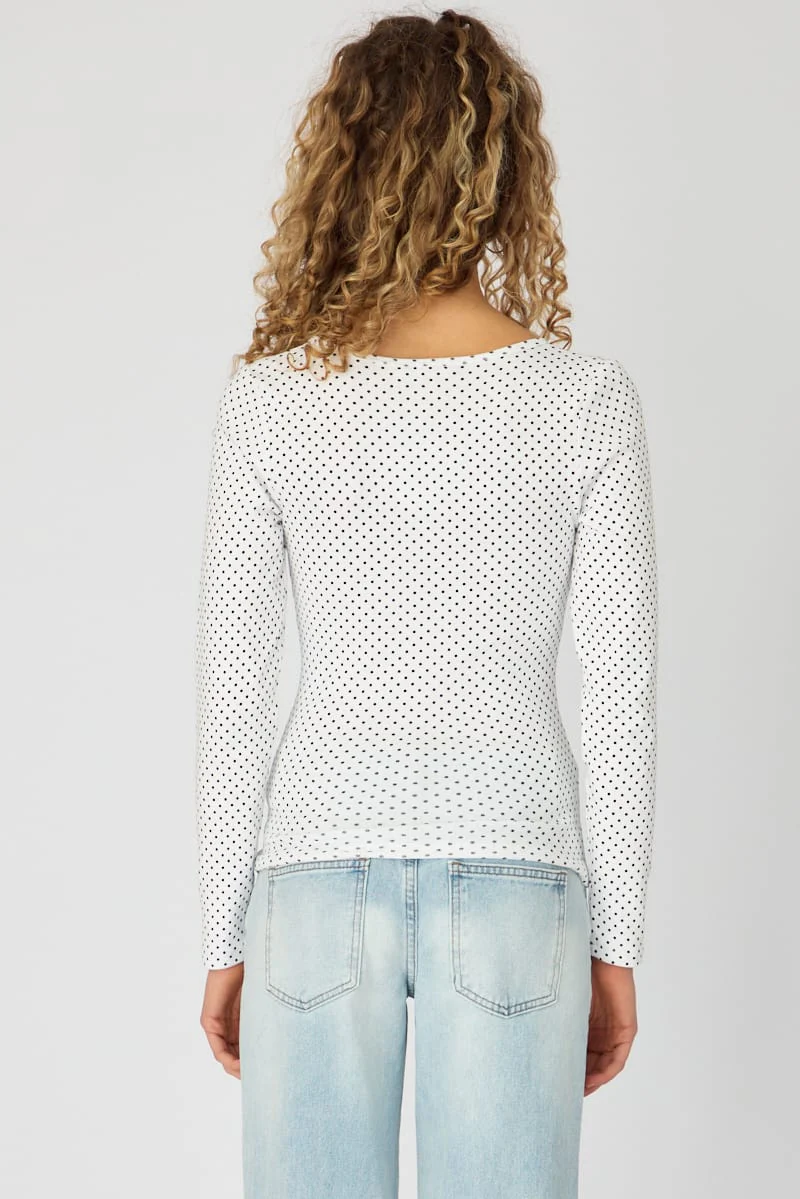 White Polka Dot Long Sleeve Henley Shirt - Image 6