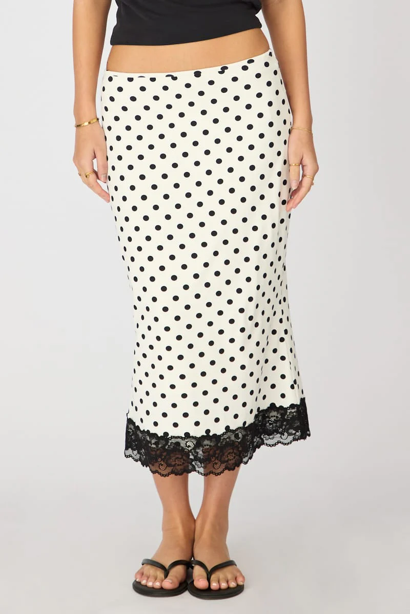 White Polka Dot Midi Lace Skirt Mid Waisted Calf Length Supersoft - Image 2