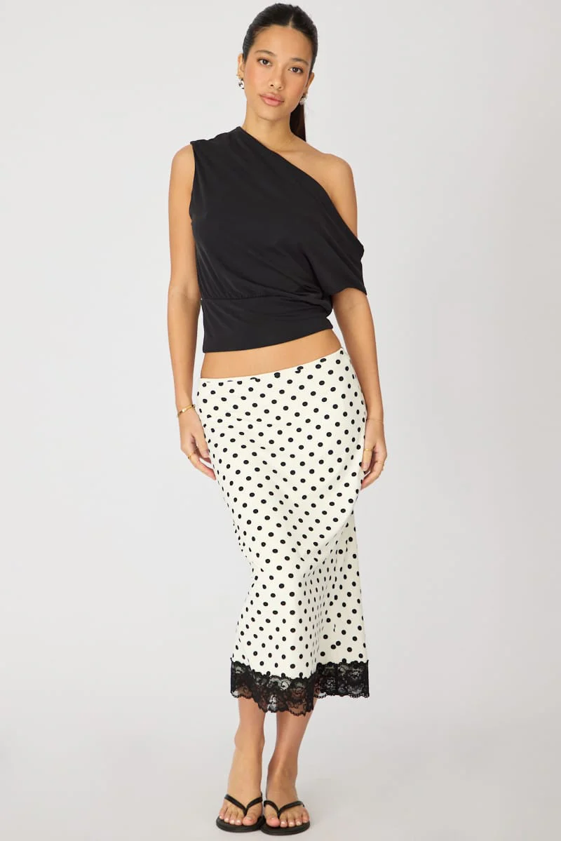 White Polka Dot Midi Lace Skirt Mid Waisted Calf Length Supersoft - Image 3