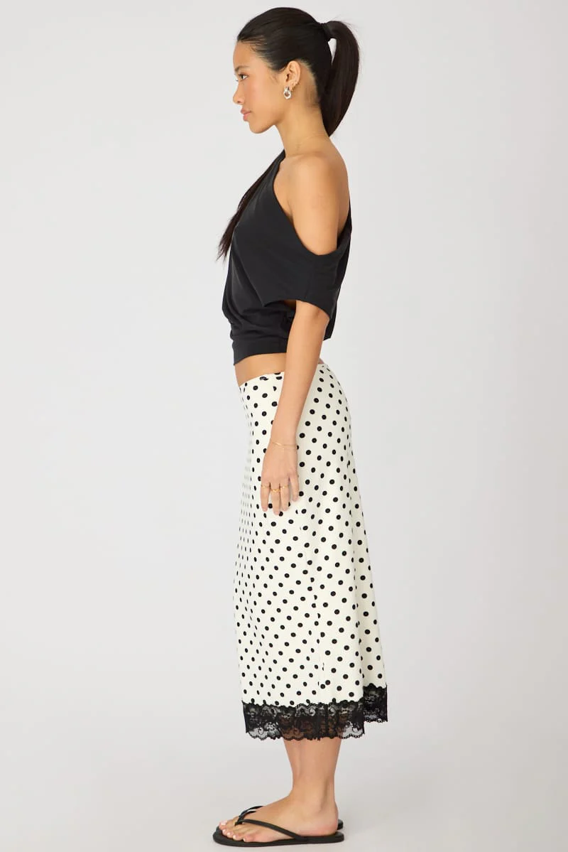 White Polka Dot Midi Lace Skirt Mid Waisted Calf Length Supersoft - Image 4