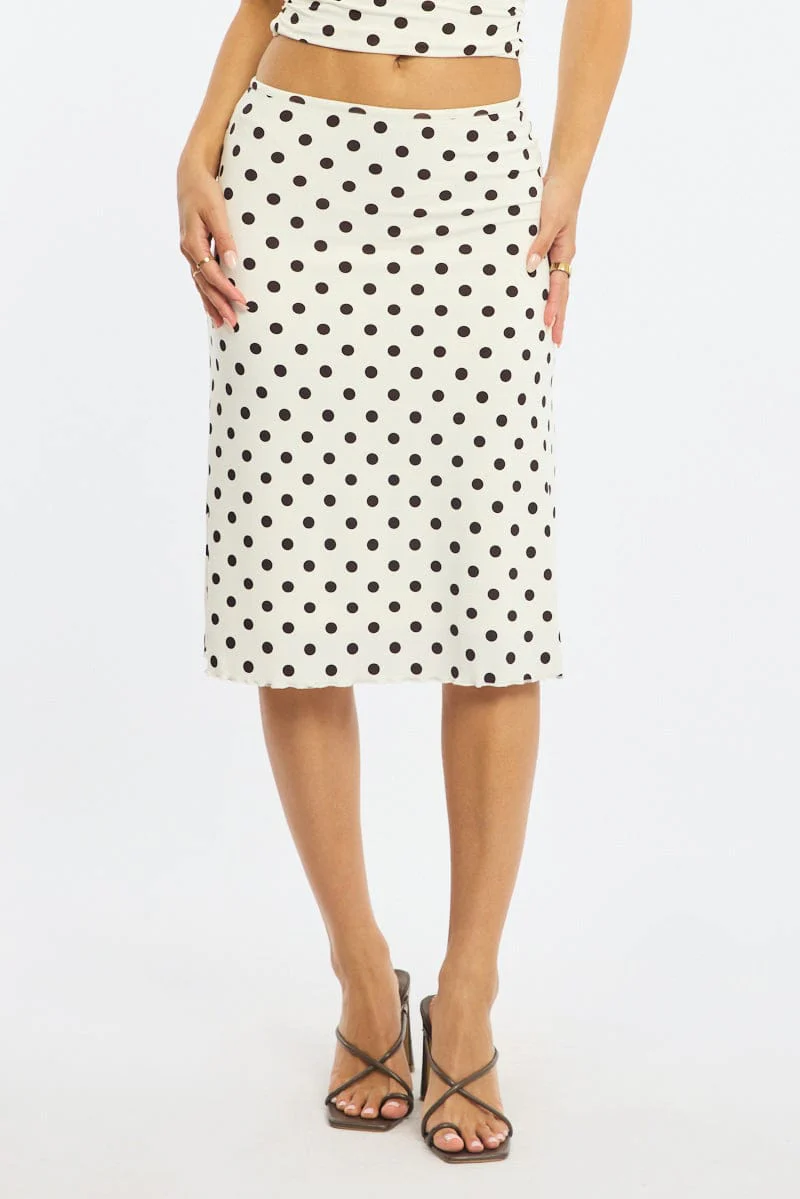 White Polka Dot Midi Skirt Mid Rise Lined - Image 2
