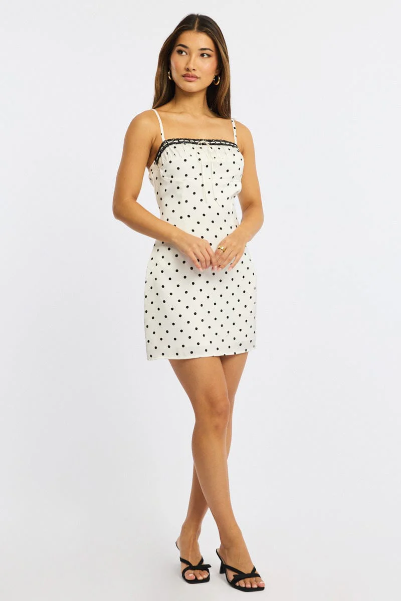 White Polka Dot Mini Dress Satin - Image 2