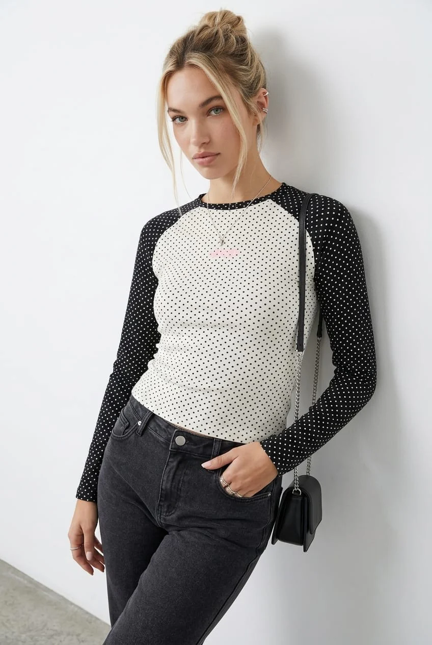 White Polka Dot Raglan Graphic Tee Long Sleeve - Image 6