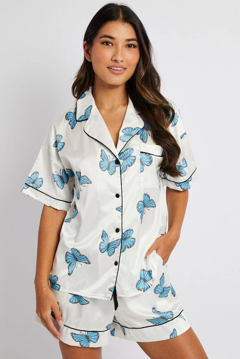 White Print Butterfly Pyjama Set Short Sleeve Piping Satin PJ - Image 3