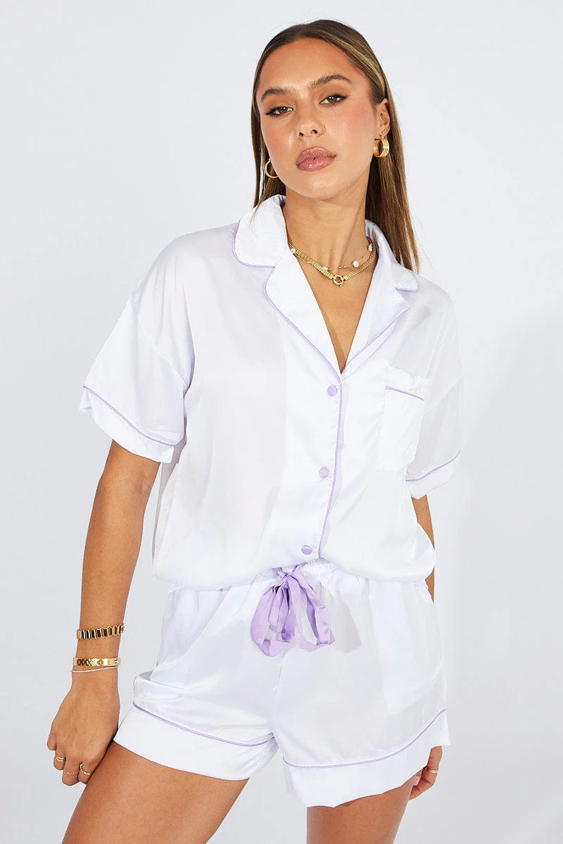 White Pyjama Set Satin Short Sleeve Contrast Piping PJ - Image 5