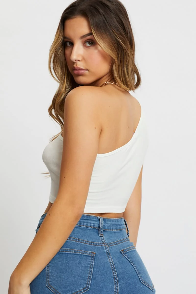 White Rib One Shoulder Top - Image 4