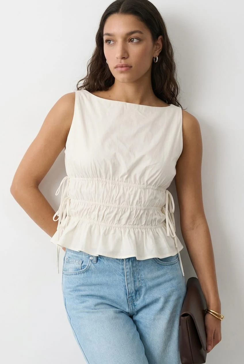 White Ruched Top Sleeveless Boat Neck Bow Details