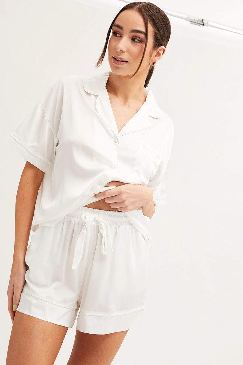 White Satin Short Sleeve Top & Short Pj Set - Image 3