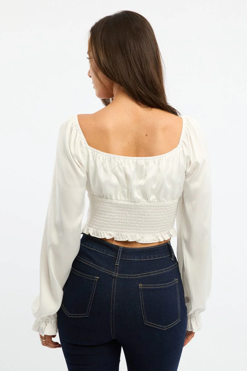 White Shirred Top Long Sleeve Square Neck Satin - Image 4