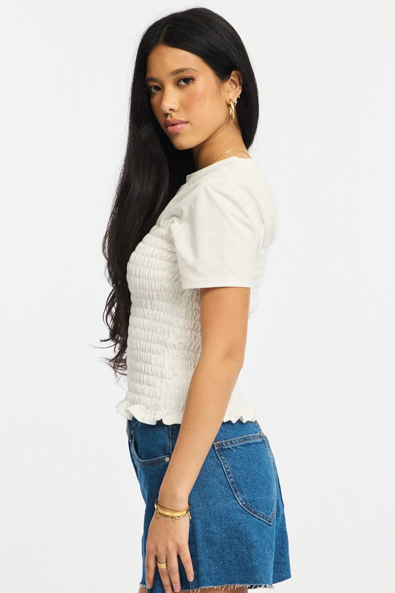 White Shirred Top Short Sleeve - Image 3