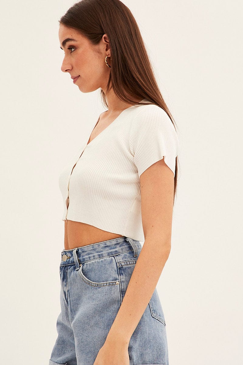White Short Sleeve Rib Cardigan - Image 4