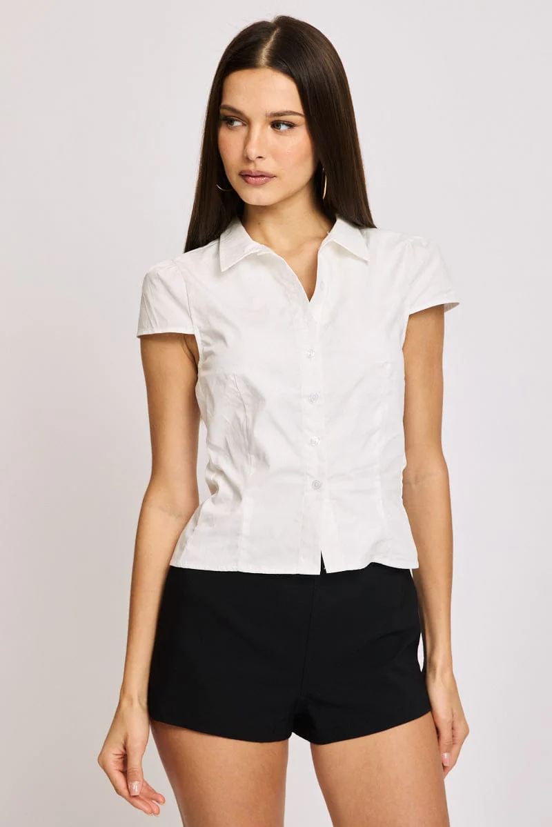 White Short Sleeve Shirt Collared Button Up Lined