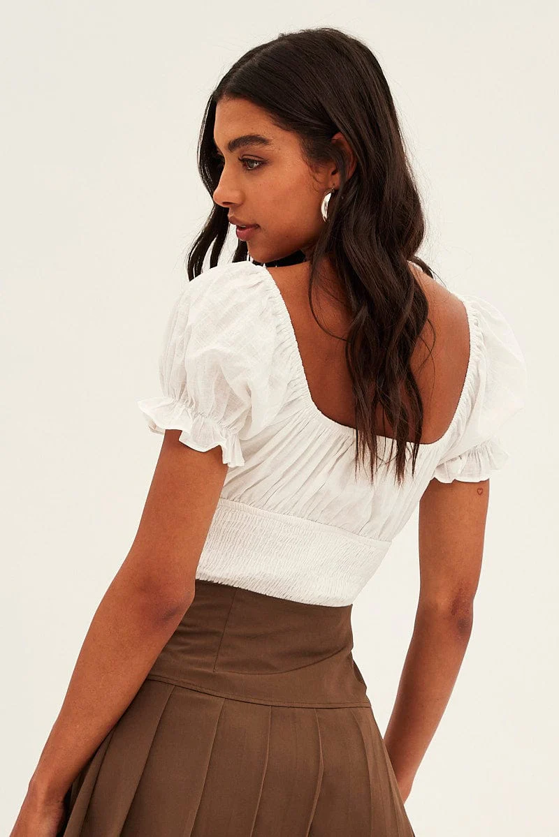 White Short Sleeve V-Neck Keyhole Shirred Bodysuit - Image 5