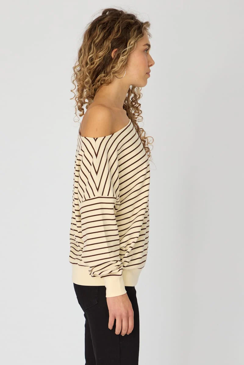 White Stripe Long Sleeve Off Shoulder Top - Image 4