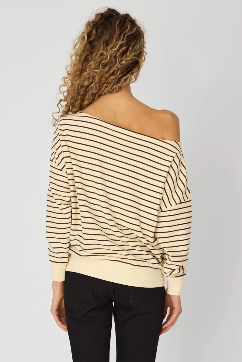 White Stripe Long Sleeve Off Shoulder Top - Image 5