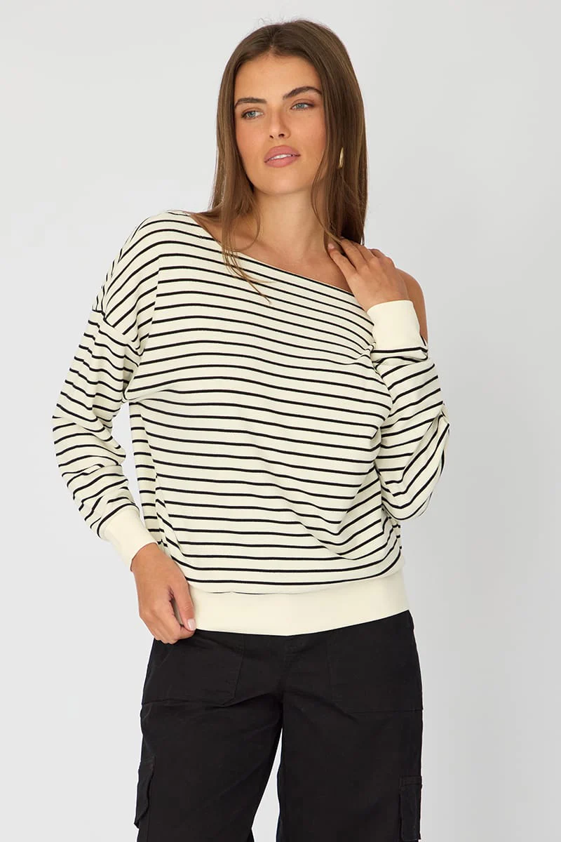 White Stripe Off Shoulder Top Long Sleeve