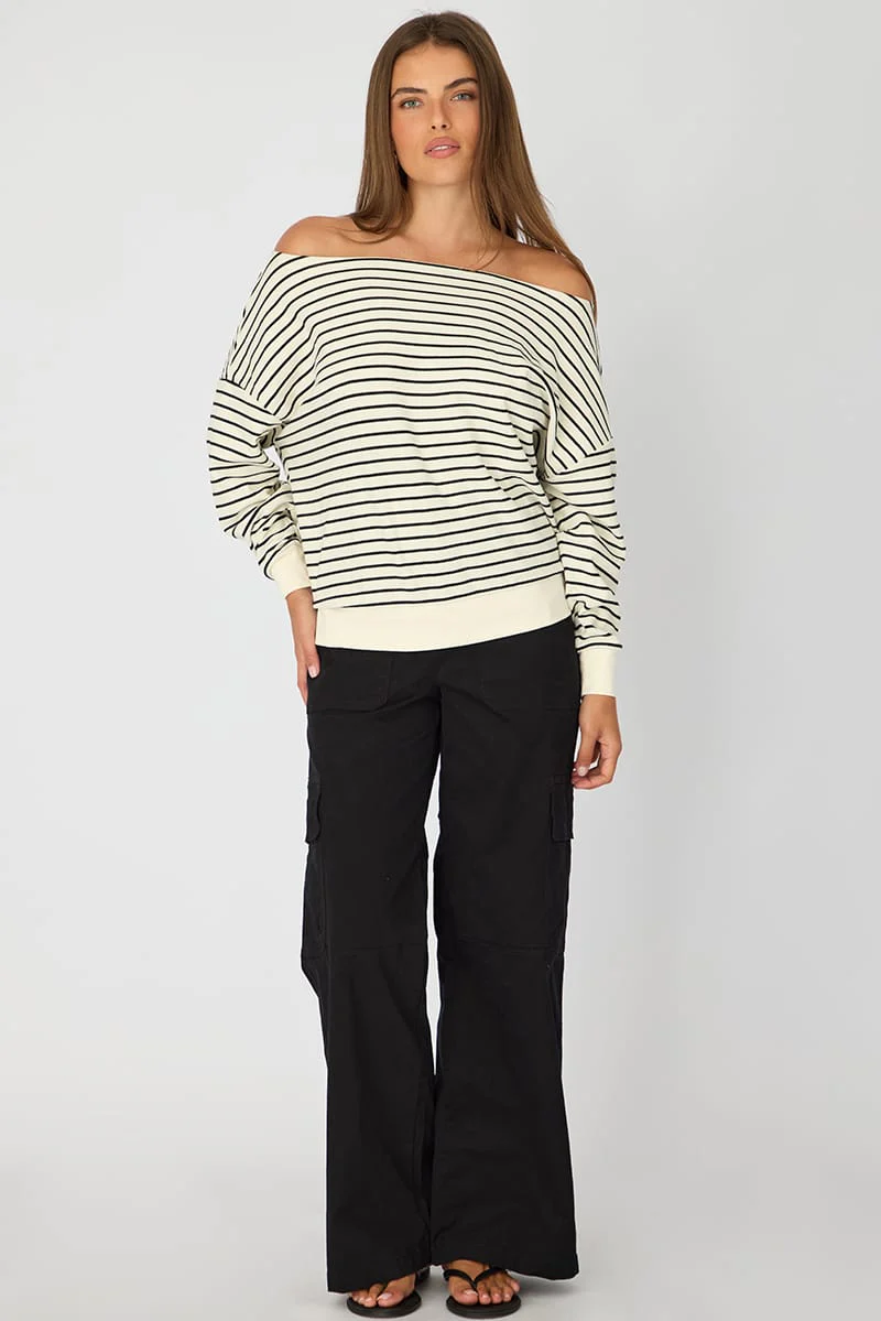 White Stripe Off Shoulder Top Long Sleeve - Image 2