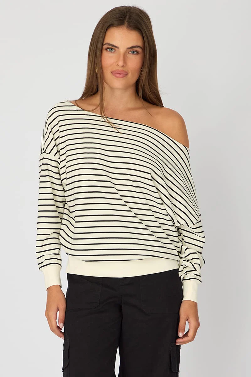 White Stripe Off Shoulder Top Long Sleeve - Image 3
