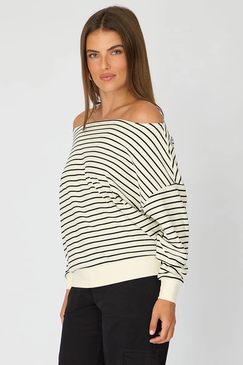 White Stripe Off Shoulder Top Long Sleeve - Image 4