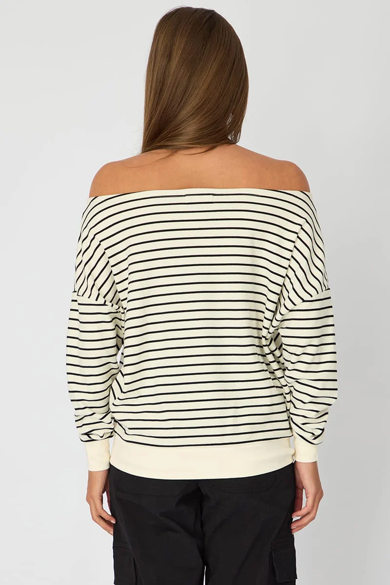 White Stripe Off Shoulder Top Long Sleeve - Image 5