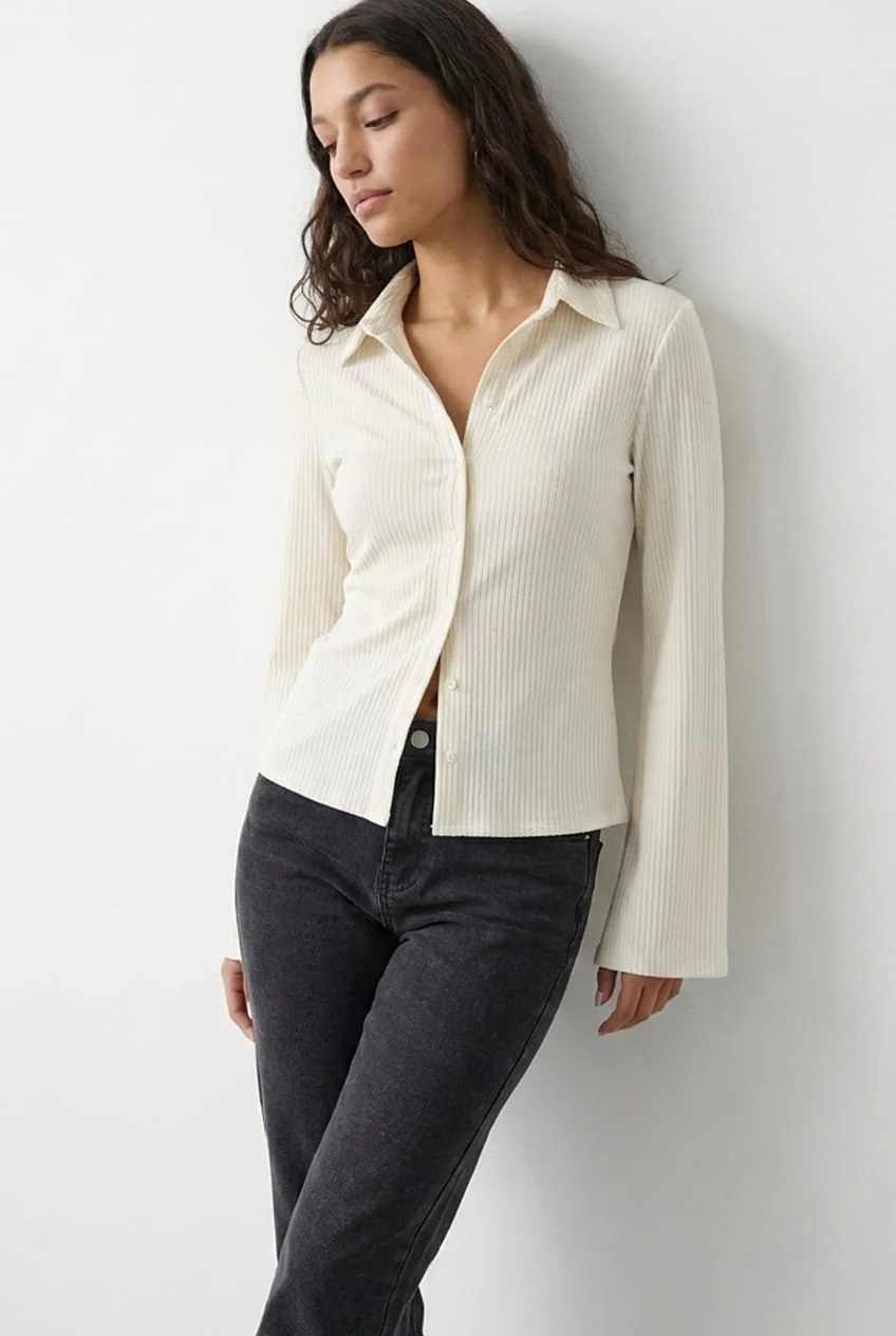 White Stripe Shirt Long Sleeve Collared Button Up Pinstripe