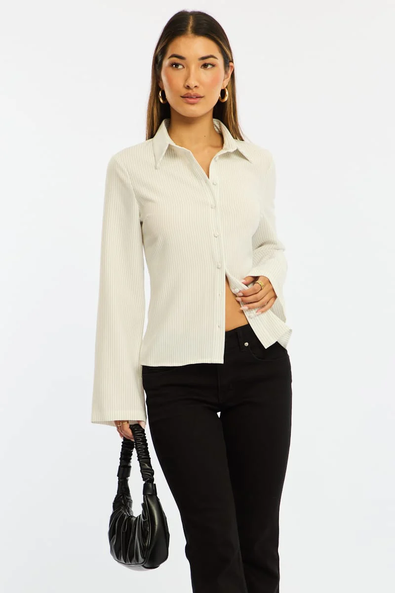 White Stripe Shirt Long Sleeve Collared Button Up Pinstripe - Image 2