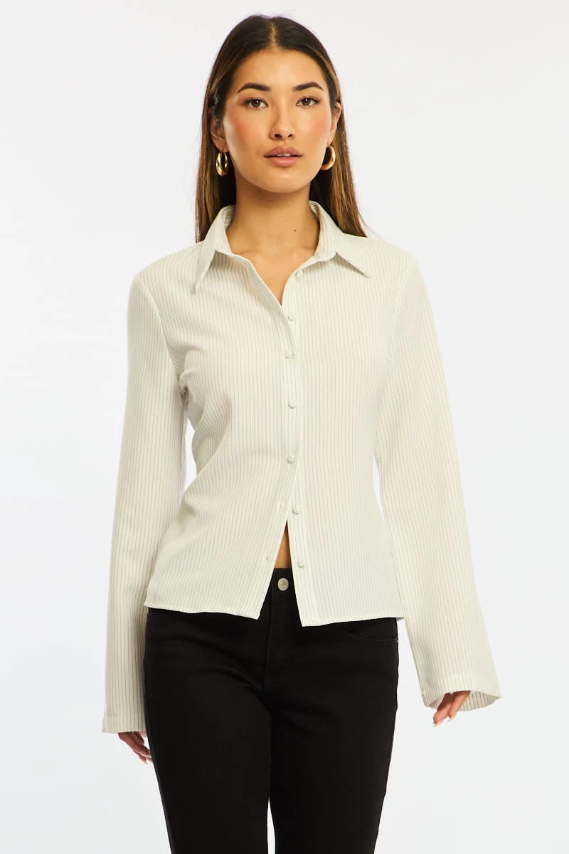 White Stripe Shirt Long Sleeve Collared Button Up Pinstripe - Image 4