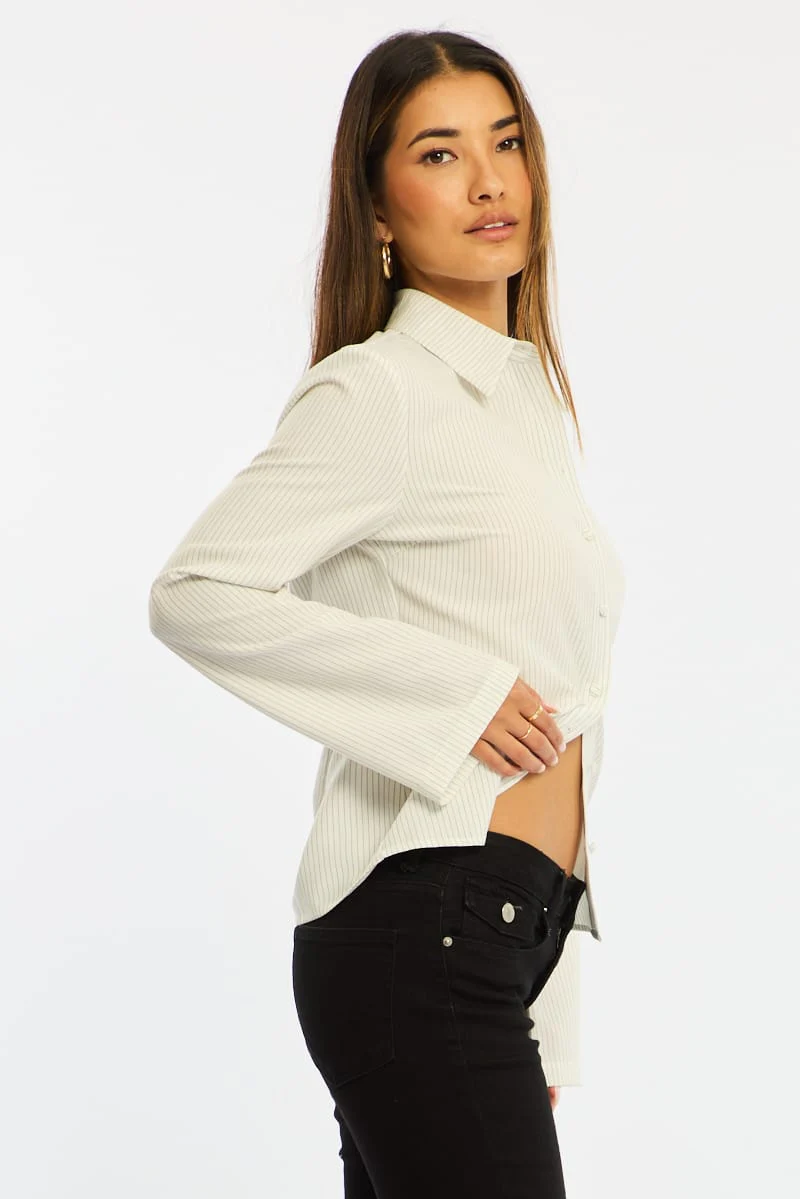White Stripe Shirt Long Sleeve Collared Button Up Pinstripe - Image 5