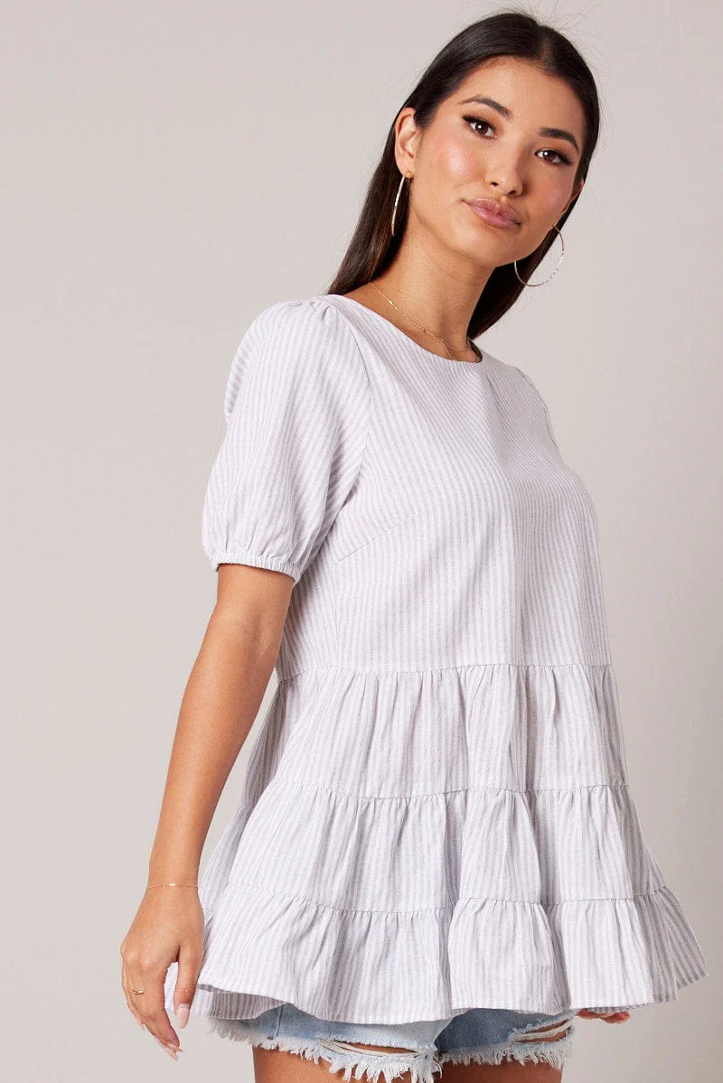 White Stripe Smock Top Short Sleeve Tiered - Image 2