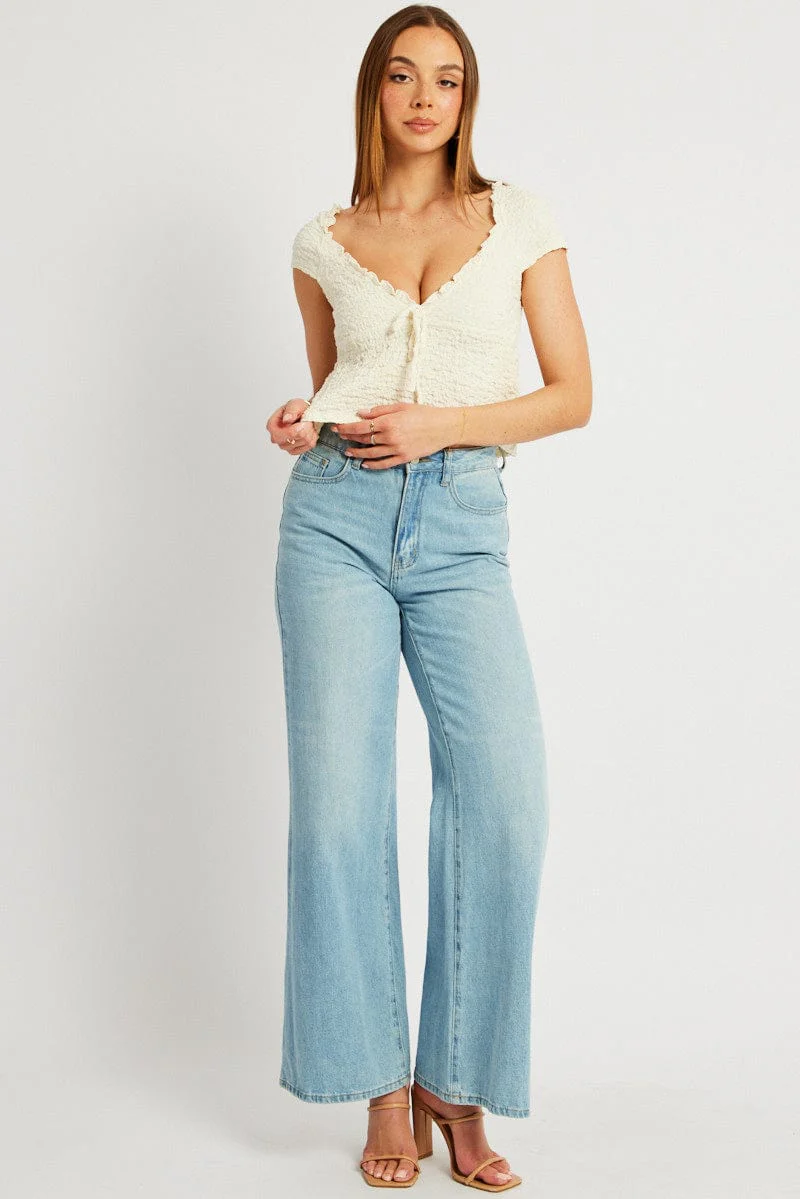 White Textured Top Crop Short Sleeve - Image 2
