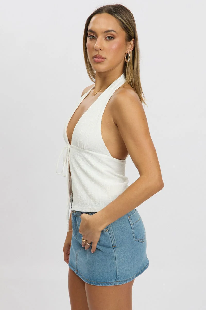 White Textured Top Halter Neck Tie Up Front - Image 4
