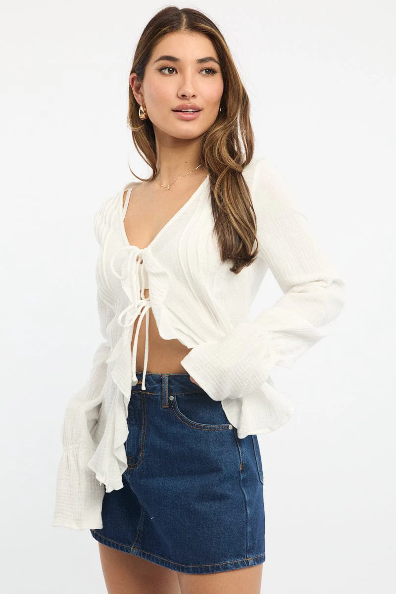 White Tie Front Top Long Sleeve Ruffled Textured - Image 3