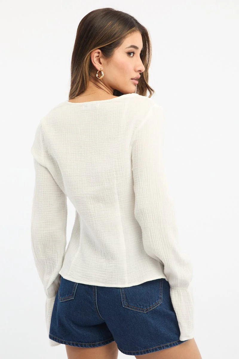 White Tie Front Top Long Sleeve Ruffled Textured - Image 4