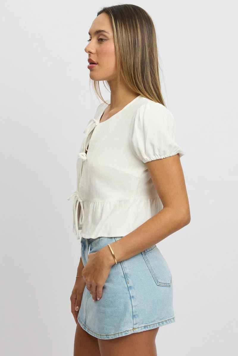 White Tie Front Top Puff Sleeve - Image 4