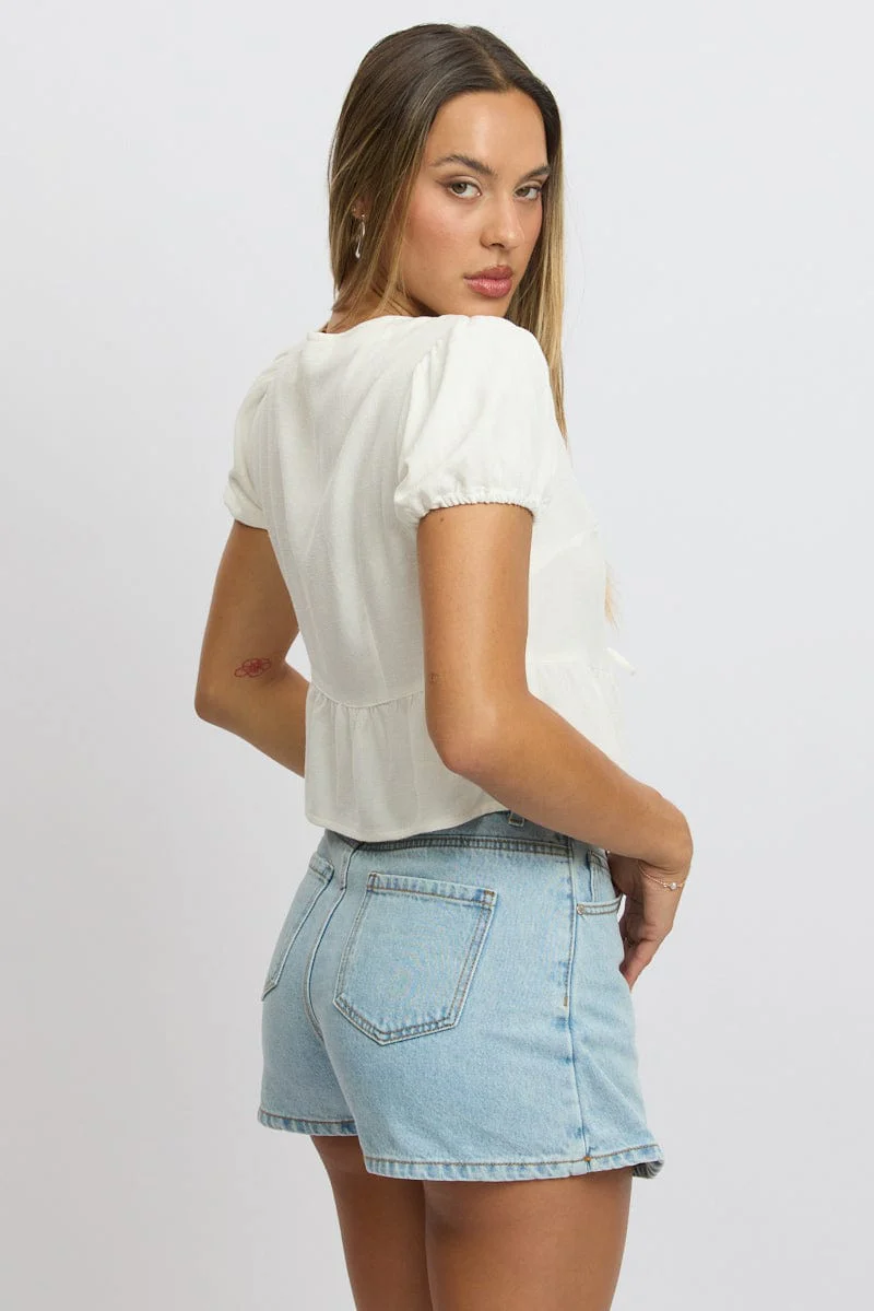 White Tie Front Top Puff Sleeve - Image 5