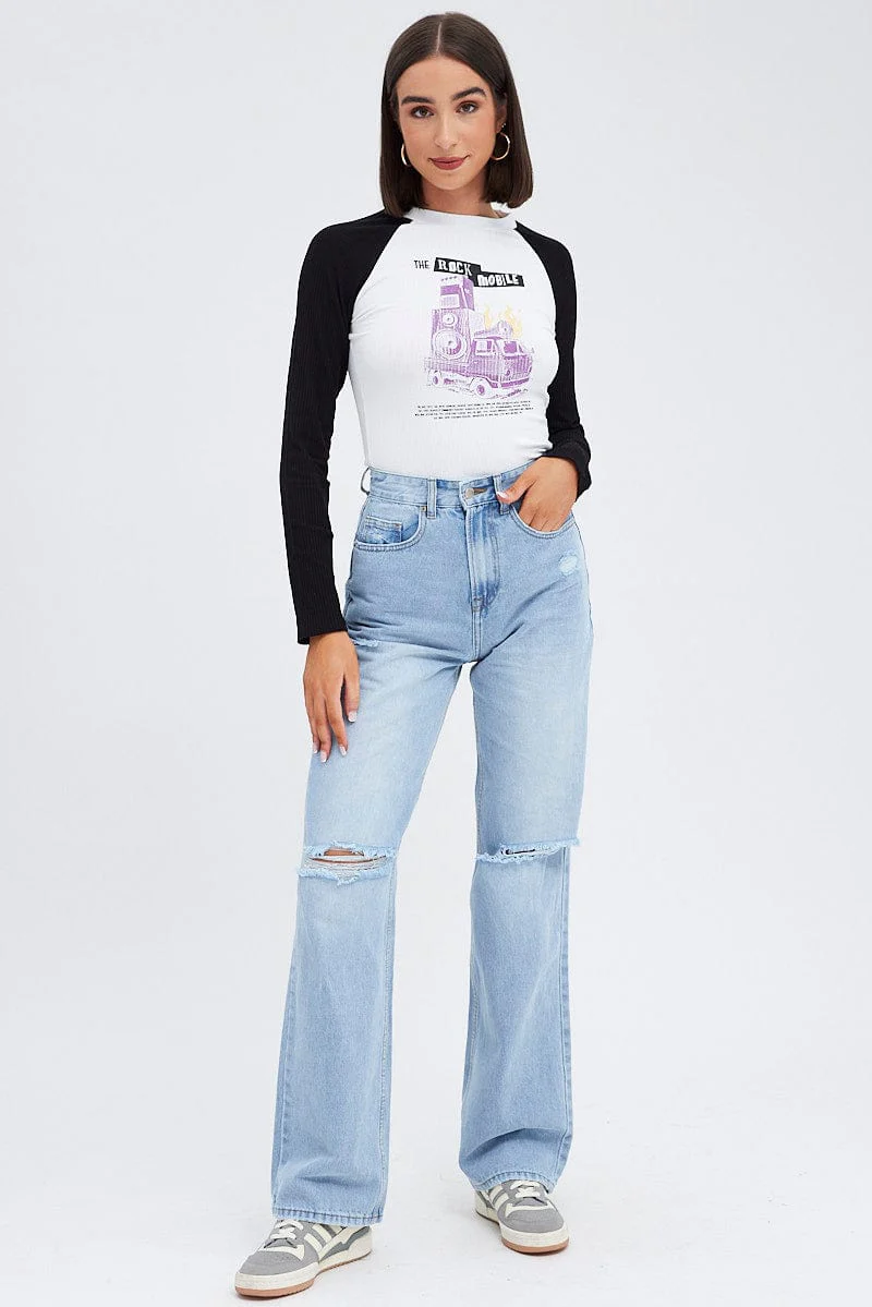 White Top Long Sleeve Crew Neck Longline Rock Graphic - Image 2
