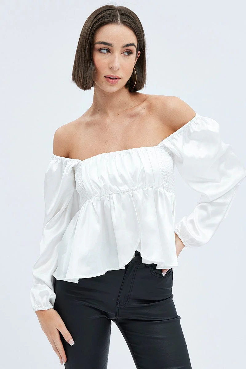 White Top Long Sleeve Square Neck Shirred Ruched Satin - Image 2