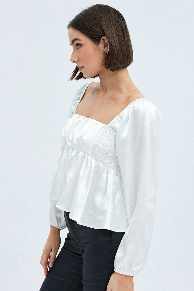 White Top Long Sleeve Square Neck Shirred Ruched Satin - Image 5