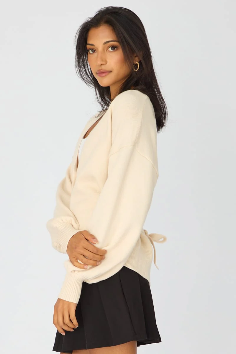 White V-neck Knit With Back Tie Long Sleeve - Image 4