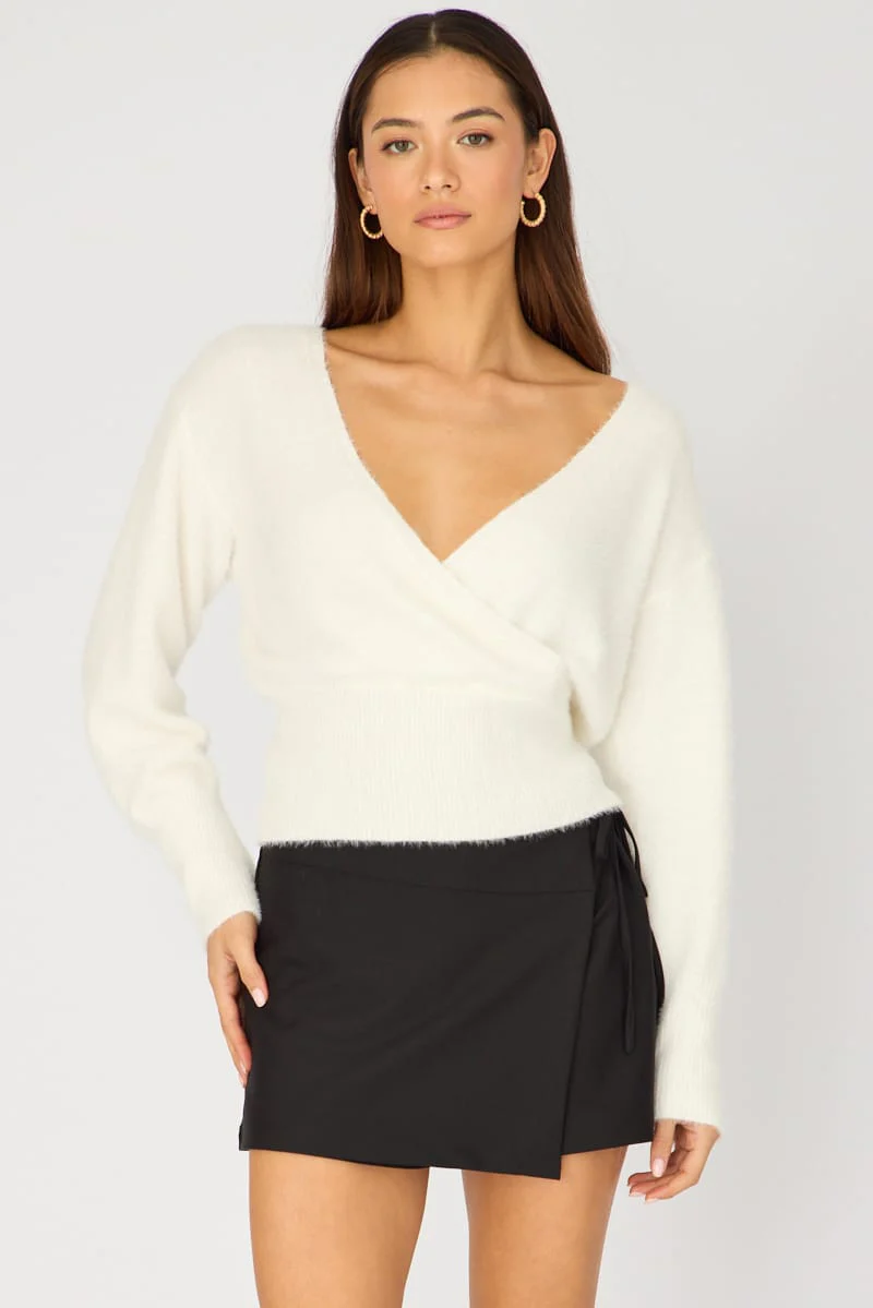 White V-neck Wrap Knit Long Sleeve - Image 2