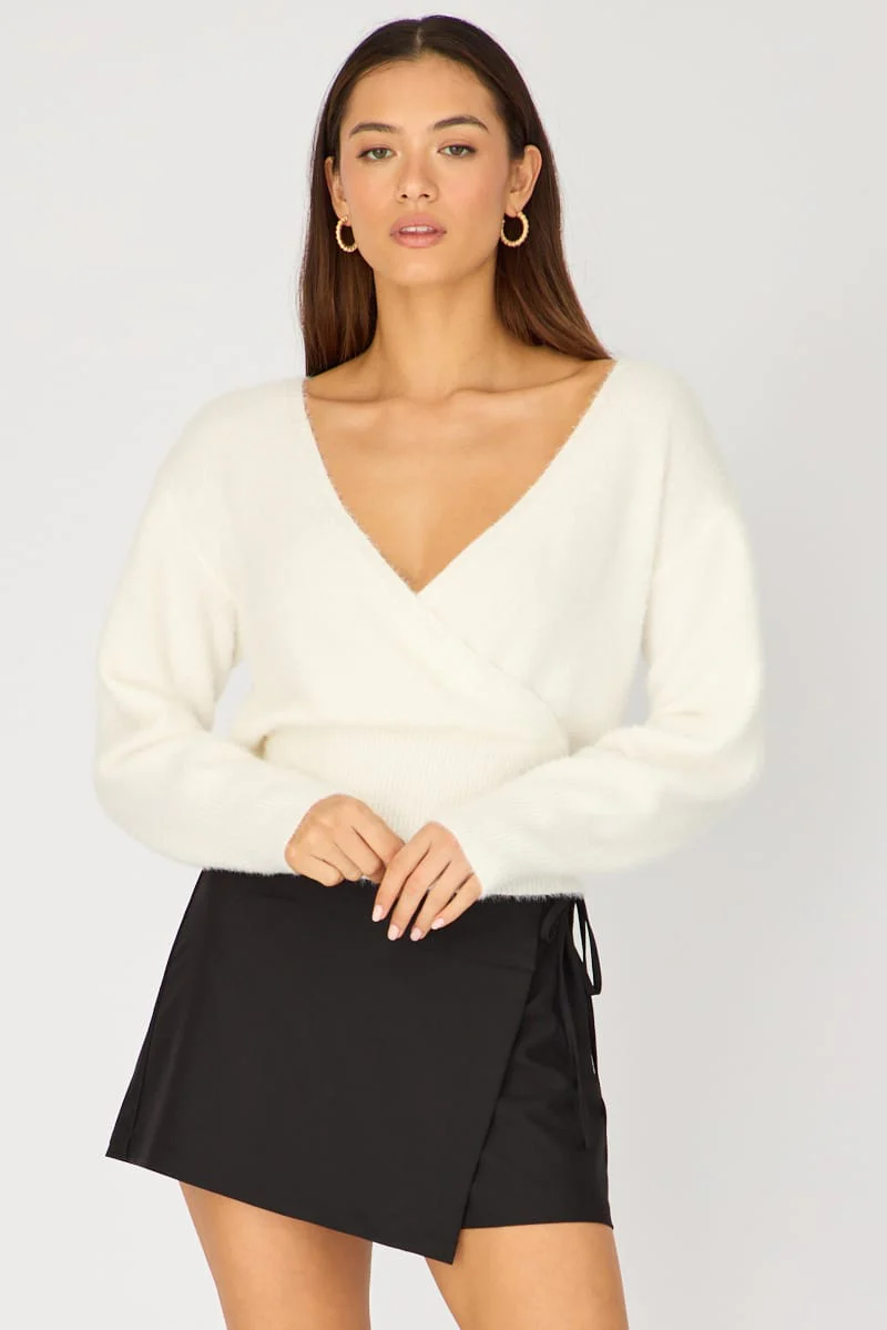 White V-neck Wrap Knit Long Sleeve - Image 4