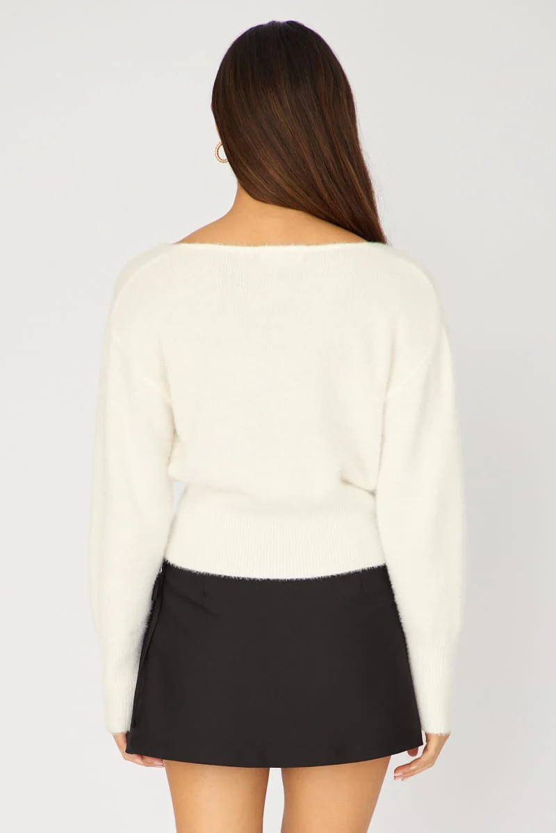 White V-neck Wrap Knit Long Sleeve - Image 6